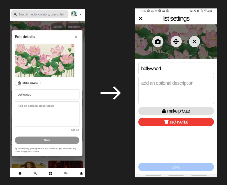 list settings, before and after